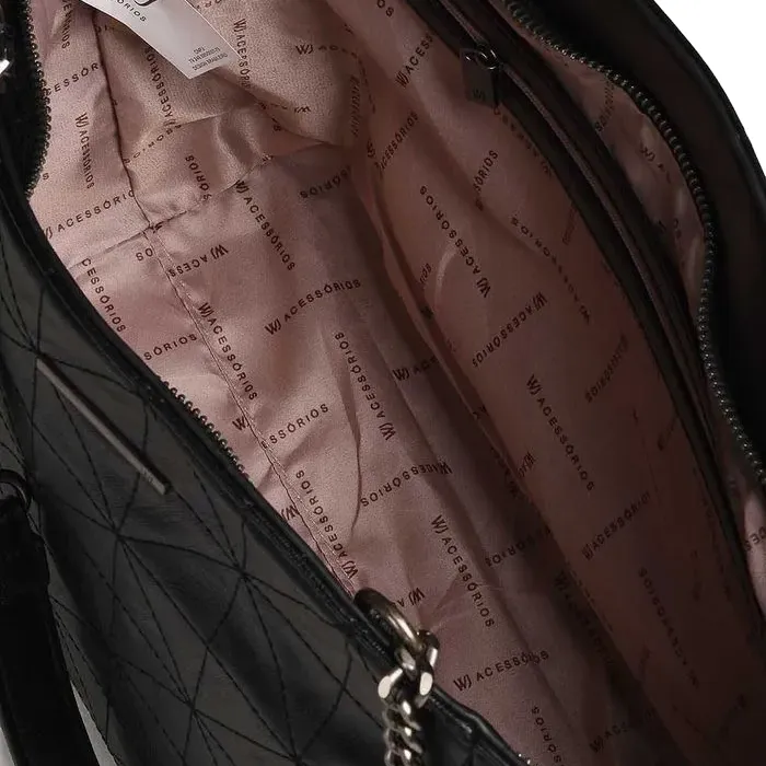 Interior da bolsa WJ 46083 feminina preta com forro estampado e bolso interno